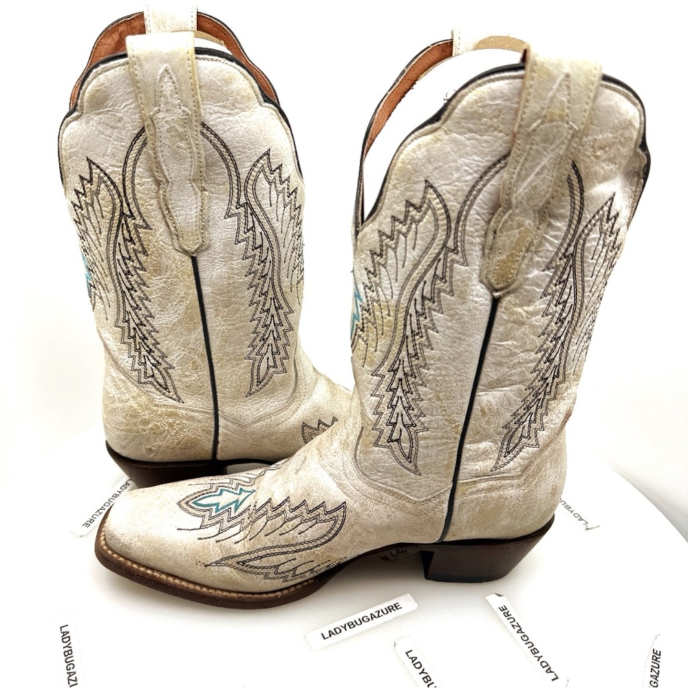 Like New Dan Post Cream and Turquoise Heeled Boots Size 8 - Picture 4 of 17